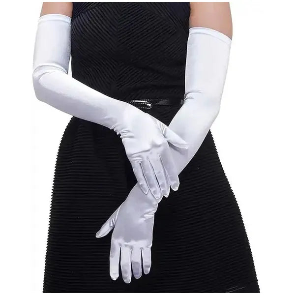 Fehér szatén retro hosszú kesztyű, könyök fölé érő, 52 cm