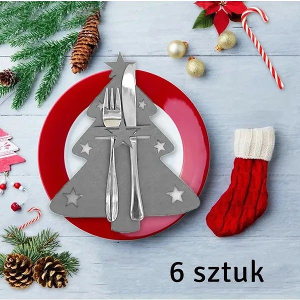 Karácsonyi evőeszköztartó zsebek, filc, fenyőfa forma, szürke, 6 db