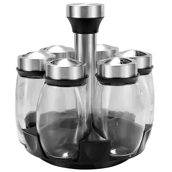 Forgatható fűszertartó állvány 6 üveg edénnyel, 120 ml, rozsdamentes acél
