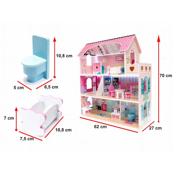 Fa (MDF) babaház 70 cm, rózsaszín, LED világítással, bútorokkal