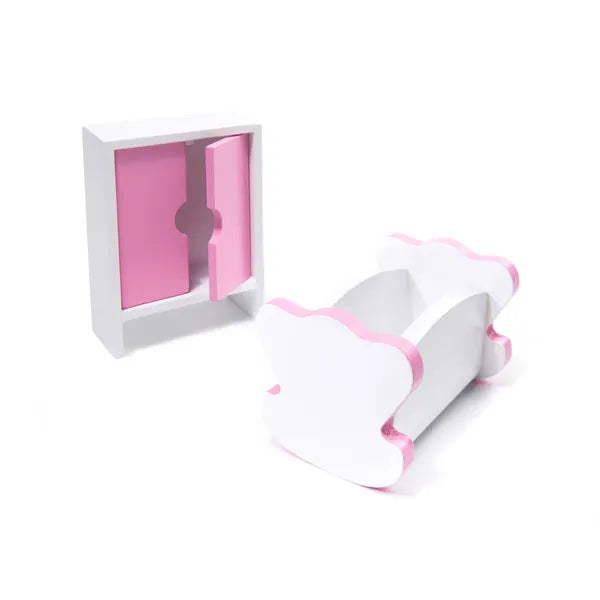 Fa (MDF) babaház 70 cm, rózsaszín, LED világítással, bútorokkal