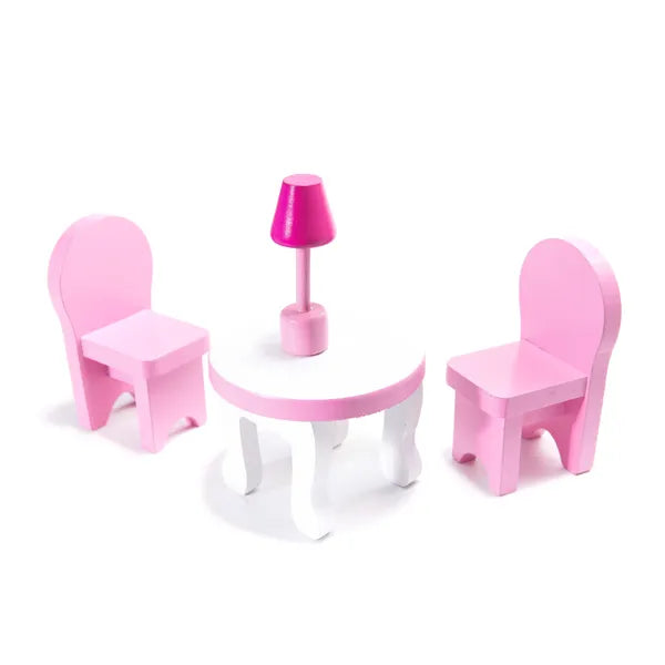 Fa (MDF) babaház 70 cm, rózsaszín, LED világítással, bútorokkal