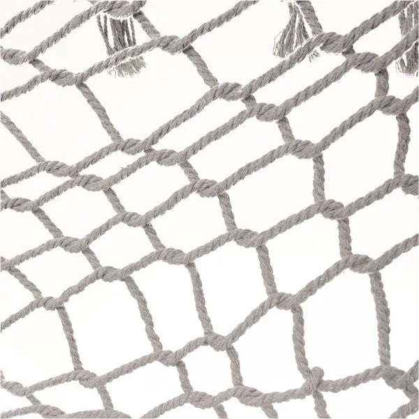 Boho szürke hálós függőágy rojtokkal, fa rúd, 200×100 cm, 150 kg