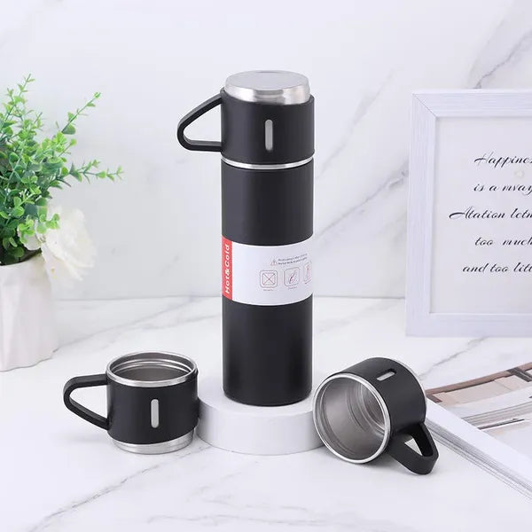 Herzberg rozsdamentes acél vákuumos utazó termosz 500 ml, 3 csészével
