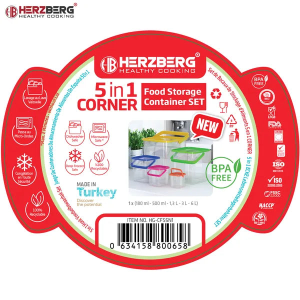 Herzberg 5 az 1-ben sarok kocka élelmiszertároló készlet fogantyúval, BPA-mentes