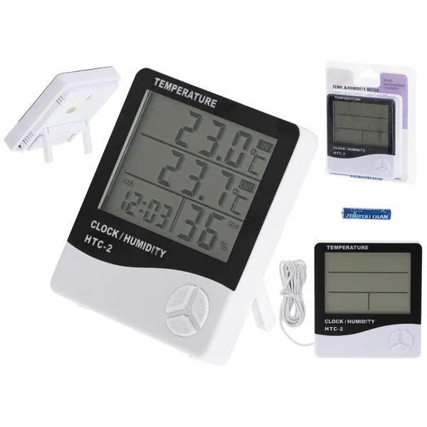 Digitális higrométer–hőmérő, óra, ébresztő, LCD kijelző, HTC-2