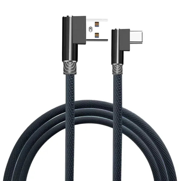 Fekete 1 m 90° USB-A–USB-C gyorstöltő kábel, nylon fonott, 2 A