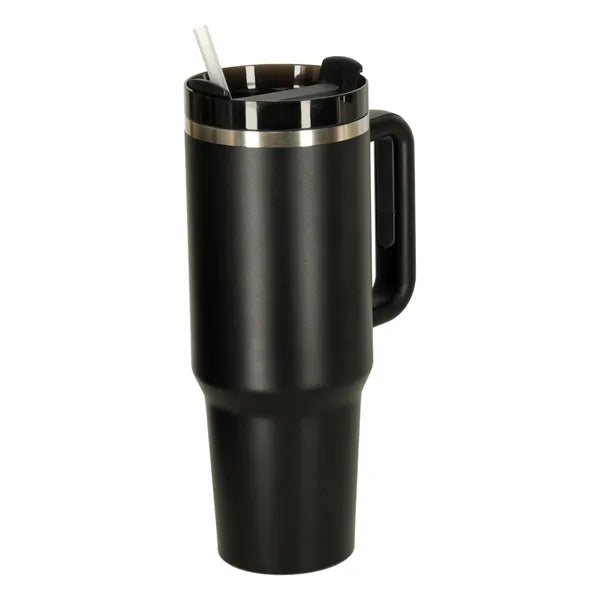 Fekete 1200 ml rozsdamentes termoszbögre fogantyúval és szívószállal