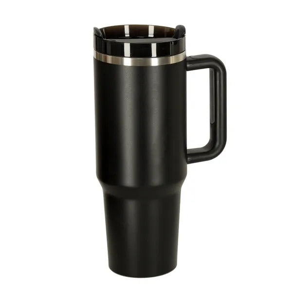 Fekete 1200 ml rozsdamentes termoszbögre fogantyúval és szívószállal