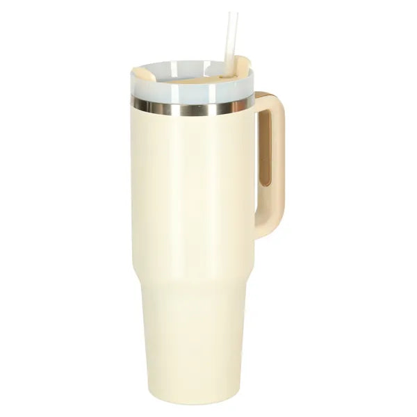 Krém színű rozsdamentes, szívószálas termoszbögre füllel, 1,2 l