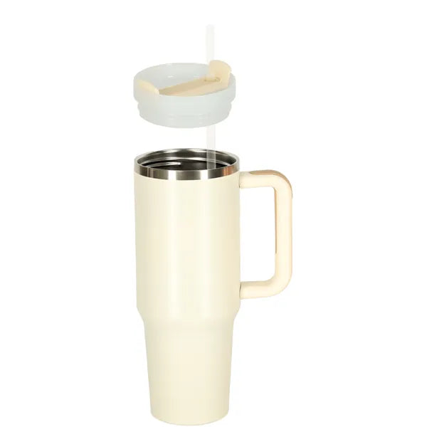 Krém színű rozsdamentes, szívószálas termoszbögre füllel, 1,2 l