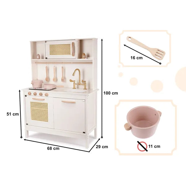 Gyerek fa retro játékkonyha fény- és hanghatással, 100 cm, kiegészítőkkel
