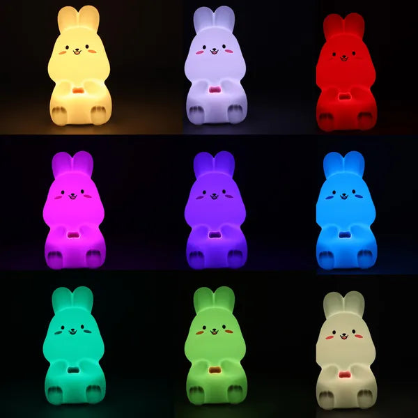 Érintésvezérelt szilikon nyuszi éjjeli lámpa, RGB LED, akkus, fehér-rózsaszín