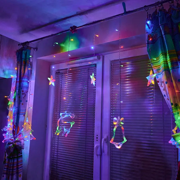 Karácsonyi LED fényfüggöny rénszarvas–csengő, 2,5 m, 138 LED, multiszín, IP44
