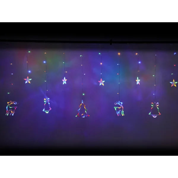 Karácsonyi LED fényfüggöny rénszarvas–csengő, 2,5 m, 138 LED, multiszín, IP44