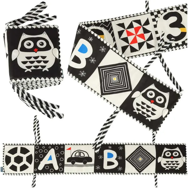 Kontrasztos textil babakönyv és rácsvédő, harmonika, 0+, 15×15 cm