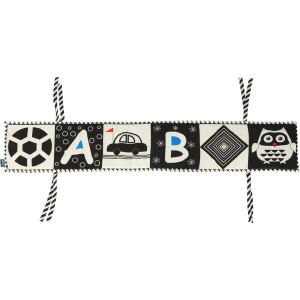 Kontrasztos textil babakönyv és rácsvédő, harmonika, 0+, 15×15 cm