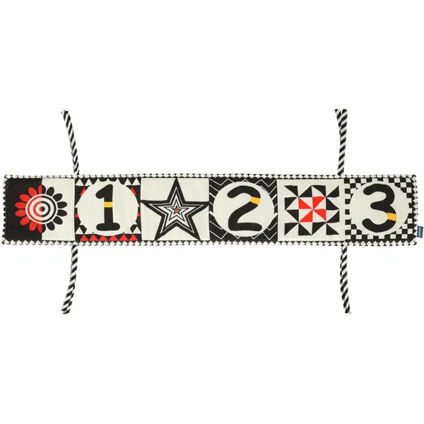 Kontrasztos textil babakönyv és rácsvédő, harmonika, 0+, 15×15 cm