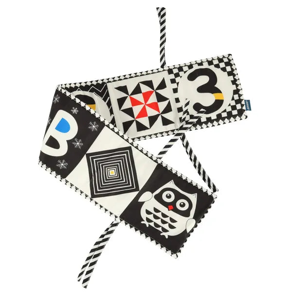 Kontrasztos textil babakönyv és rácsvédő, harmonika, 0+, 15×15 cm