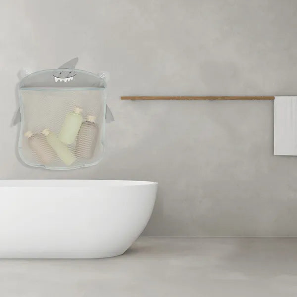 Szürke fürdőszobai játéktartó hálós organizer tapadókoronggal 35×40 cm