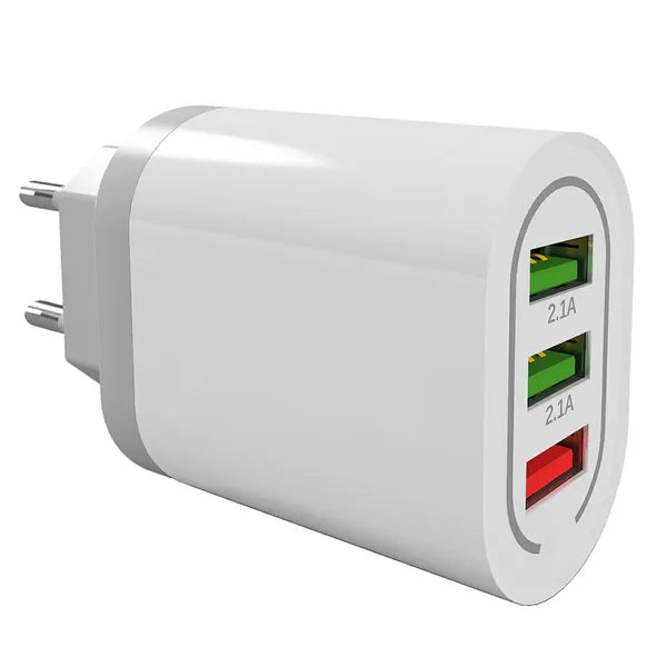 Gyorstöltő hálózati adapter 18W QC3.0, 3×USB-A, 100-240V, fehér