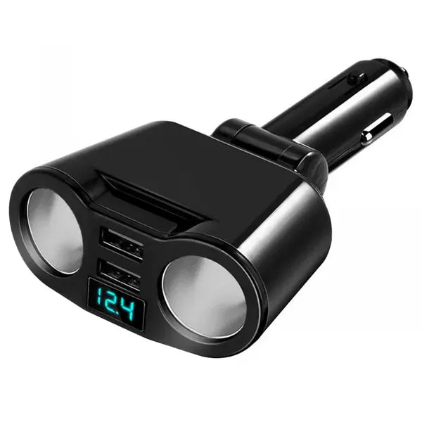 Autós szivargyújtó elosztó 2 aljzattal, 2×USB 3,1A, voltmérő, 12–24 V, 100 W
