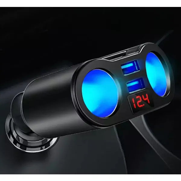 Autós szivargyújtó elosztó 2 aljzattal, 2×USB 3,1A, voltmérő, 12–24 V, 100 W