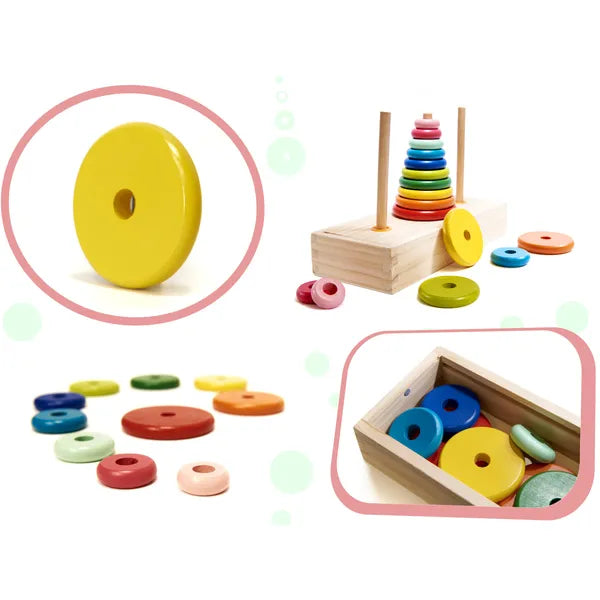 Fa szivárványos Hanoi torony logikai játék és karikás sorter, 23×10 cm