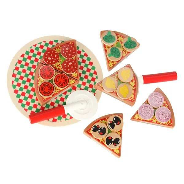 Fa pizzaszeletelős játékkészlet, 27 db, 20 cm, tépőzáras szeletek