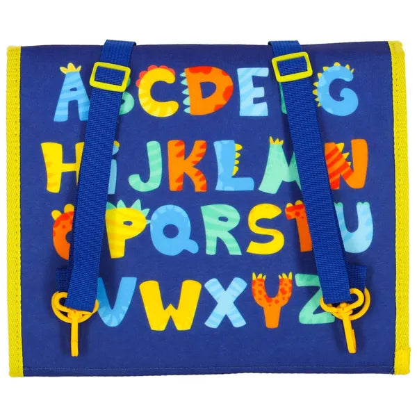 Montessori szenzoros foglalkoztató tábla, bőrönd-hátizsák, kék 3+