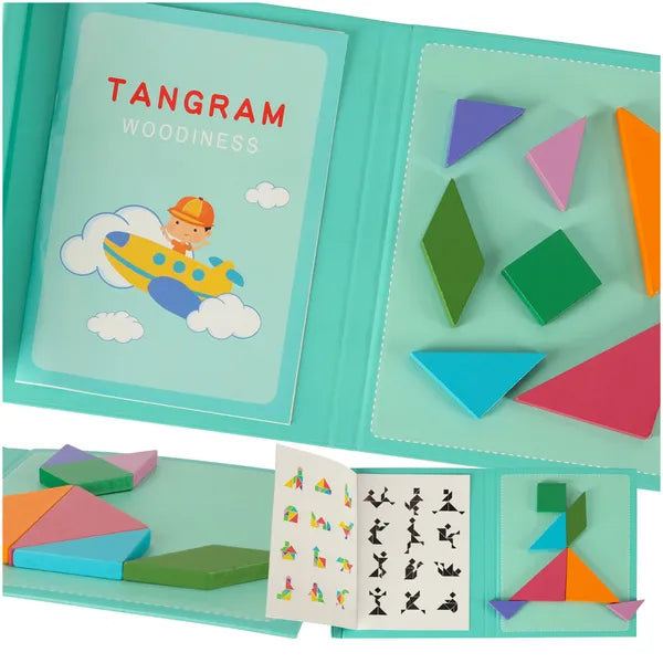Mágneses tangram könyv fa elemekkel, 96 mintával – Montessori 3D kirakó