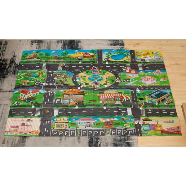 Vízálló városmintás játszószőnyeg közlekedési táblákkal 130×100 cm