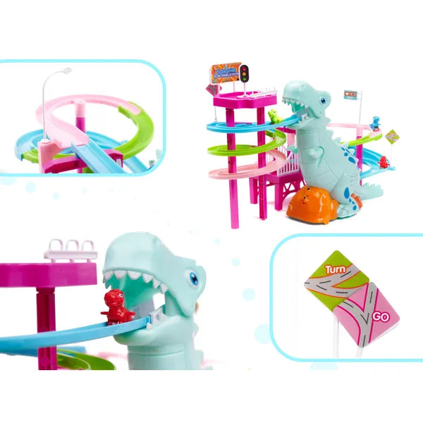 USB/elemes dínó versenypálya 3 mini autóval, hang és fény