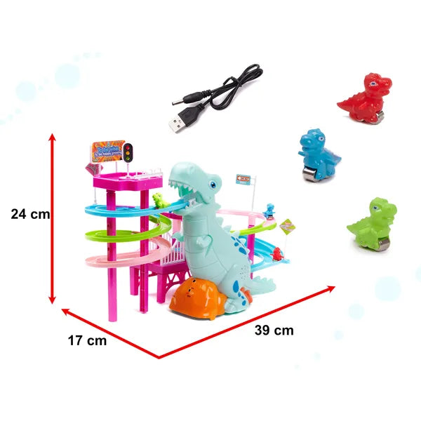 USB/elemes dínó versenypálya 3 mini autóval, hang és fény