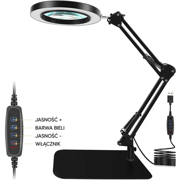 Asztali LED nagyítós lámpa 3x, állítható kar, 11W, USB, fekete