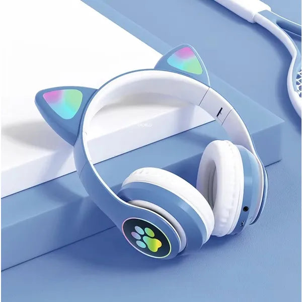 Kék Bluetooth 5.0 gyerek fejhallgató LED-es cica fülekkel, microSD, FM