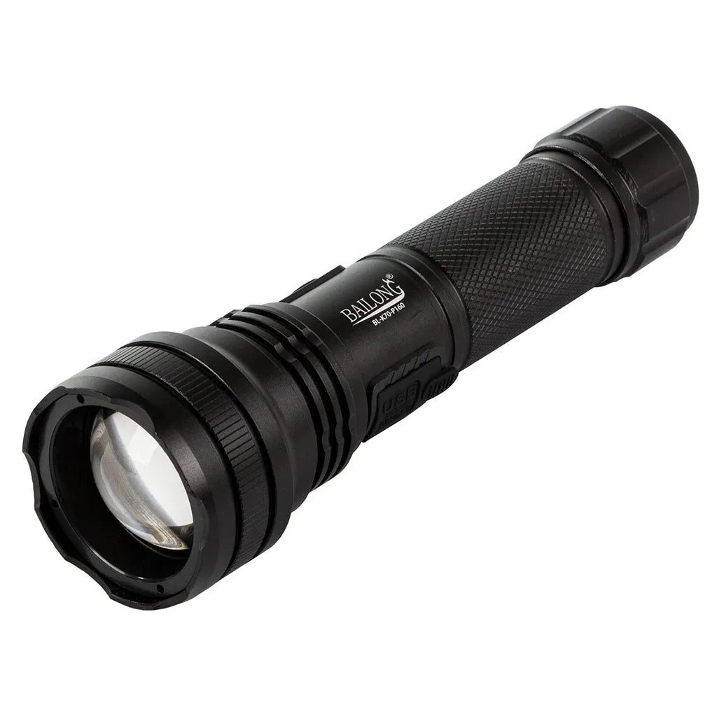 Bailong taktikai zseblámpa újratölthető akkumulátorral, CREE XHP160 LED zoom funkcióval, fekete