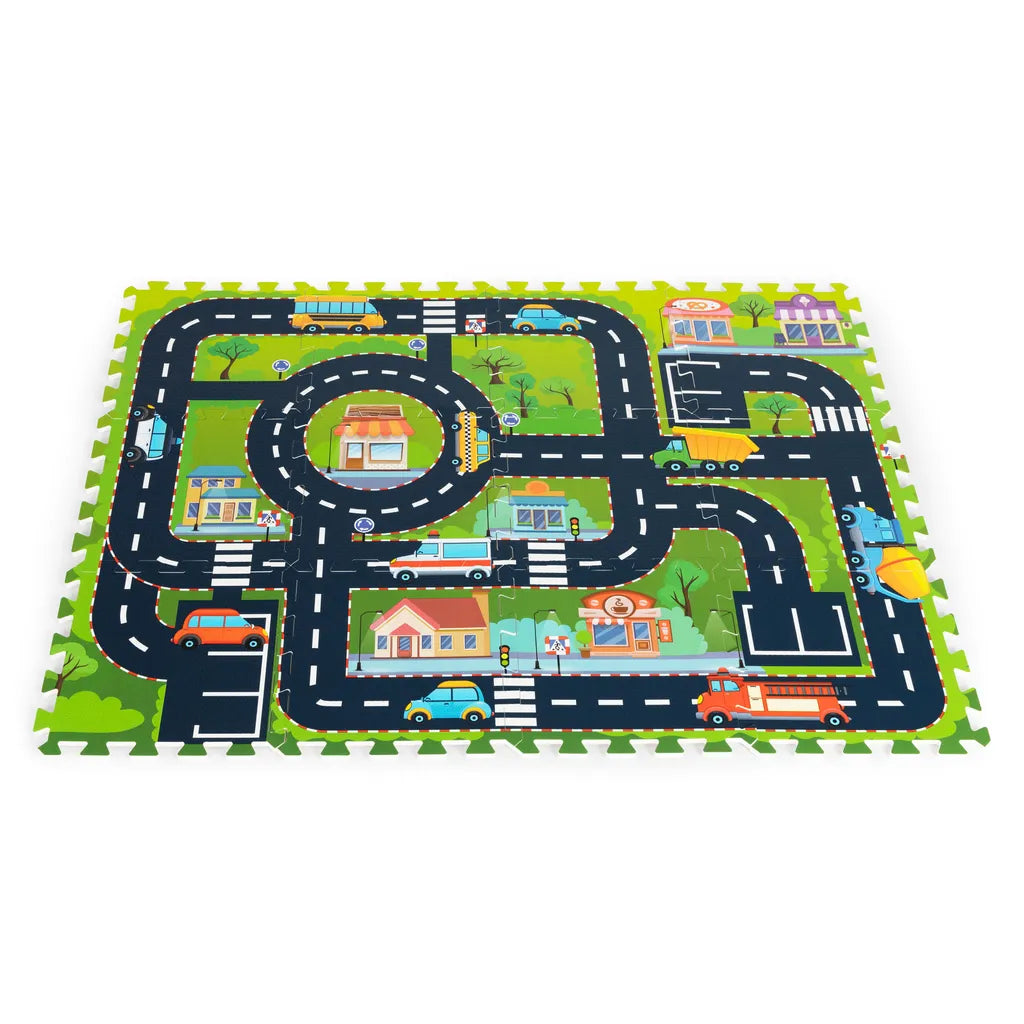 Habszivacs kirakó szőnyeg város mintával, 12 db-os készlet, 114×86 cm, 500 W, fekete-ezüst szín