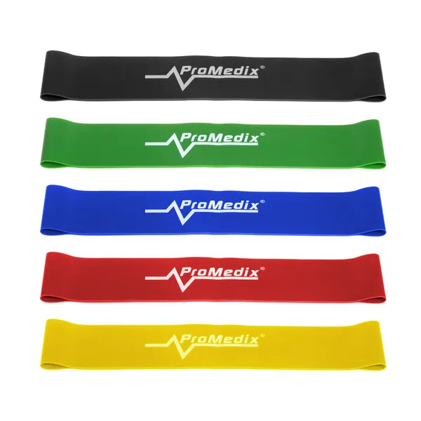 Promedix latex fitnesz gumiszalag készlet, 5 db, 50×5 cm, több erősség