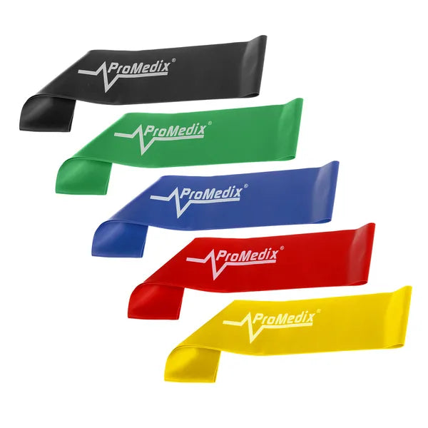 Promedix latex fitnesz gumiszalag készlet, 5 db, 50×5 cm, több erősség