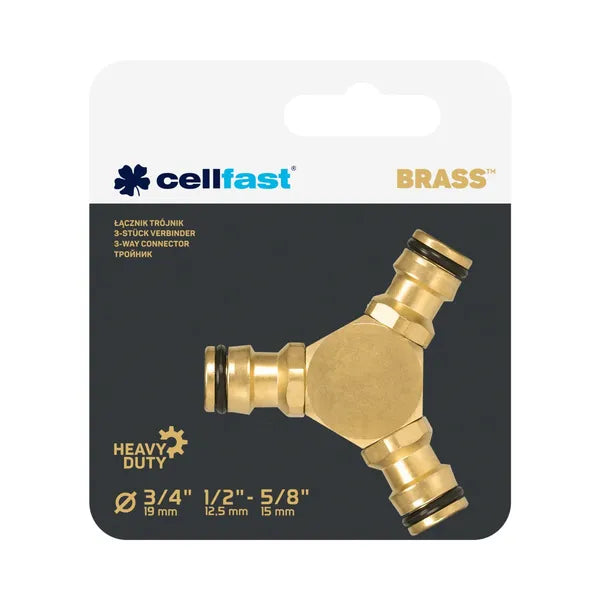Cellfast sárgaréz T-elosztó gyorscsatlakozóval 1/2–3/4″ kerti tömlőhöz
