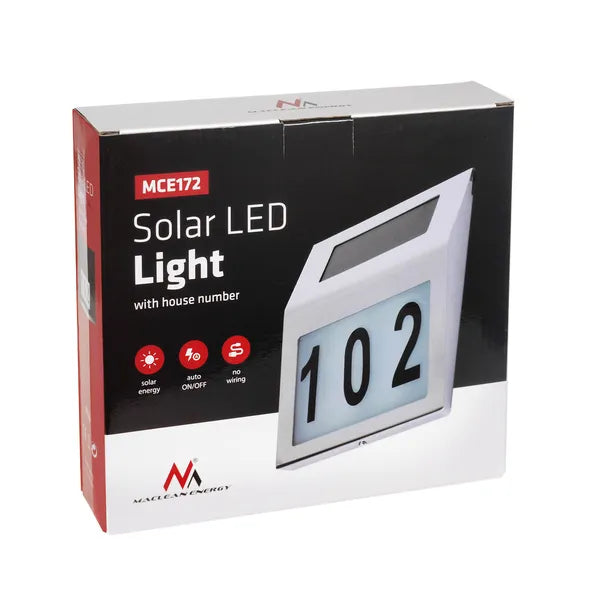 Napelemes LED házszámtábla rozsdamentes acél, 600 mAh akkumulátor