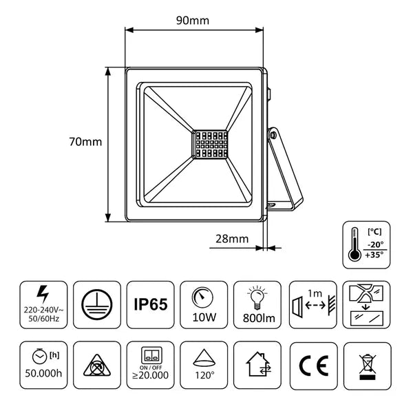 Slim LED reflektor 10 W, 6000 K hideg fehér, IP65, 800 lm