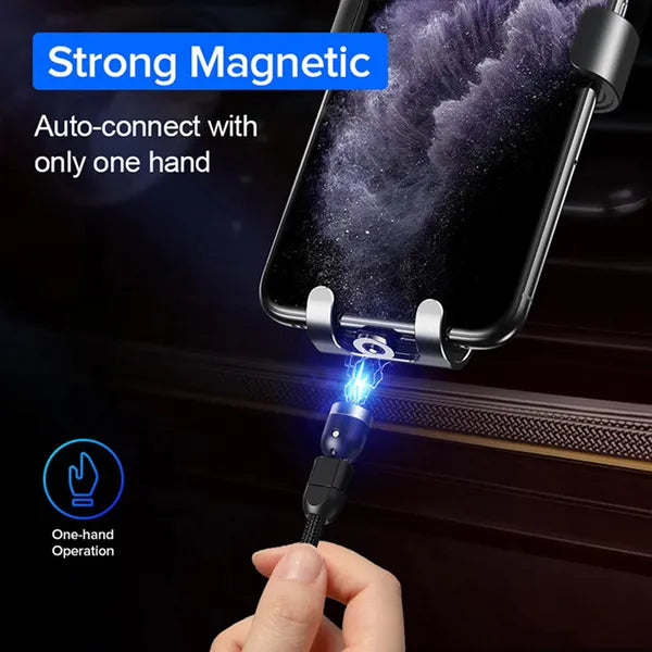 Maclean mágneses USB-C kábel, 1 m, 3-in-1, fekete nylon, gyorstöltés 9V/2A