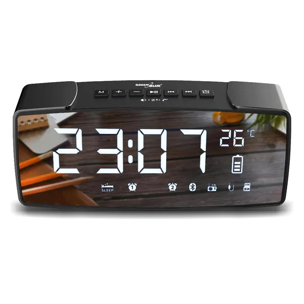 Bluetooth FM rádiós ébresztőóra 6 W sztereó hangszóróval, hőmérő, AUX, 2200 mAh