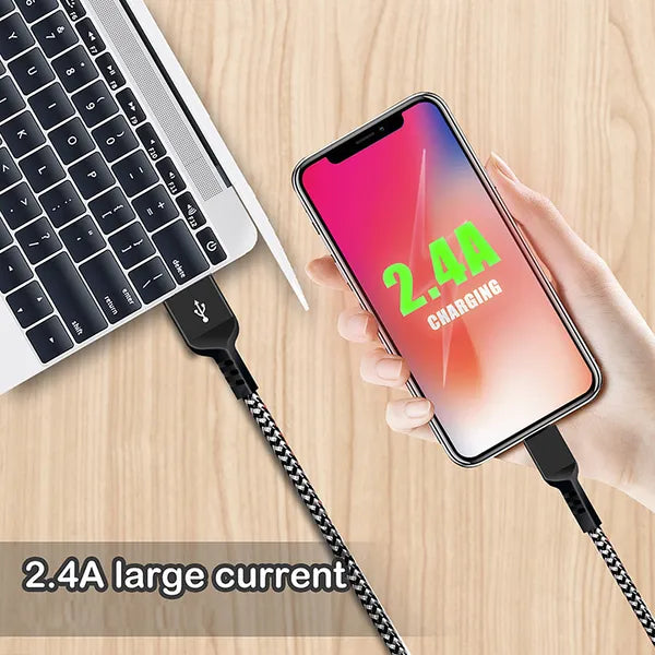 Micro USB kábel 2 m, fekete, 2.4A gyorstöltés, nylon fonott