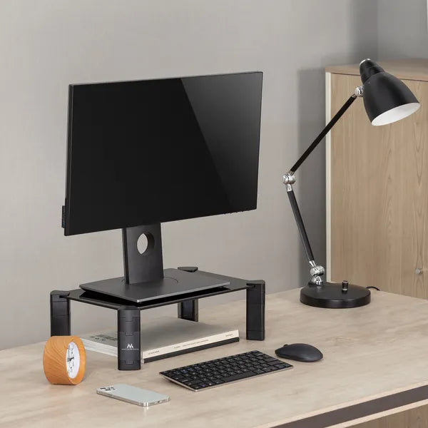 Edzett üveg laptop-/monitorállvány 40×24 cm, 4 fokozatú magasság, 20 kg