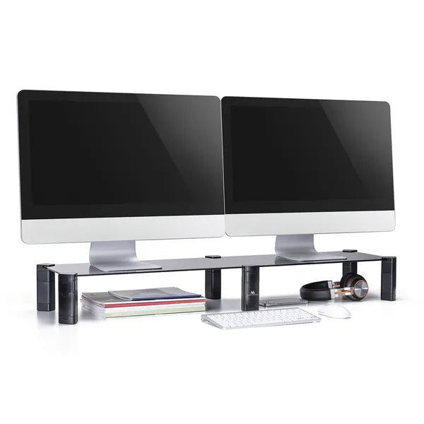 Kettős monitorállvány edzett üveg polccal, 100×24 cm, 20 kg terhelhetőség
