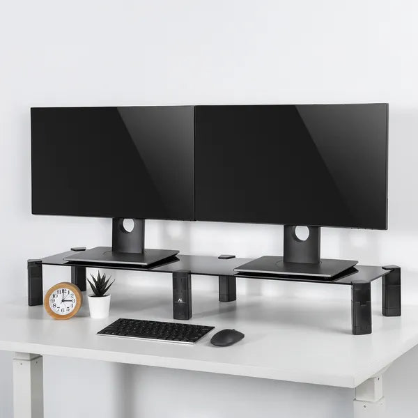 Kettős monitorállvány edzett üveg polccal, 100×24 cm, 20 kg terhelhetőség