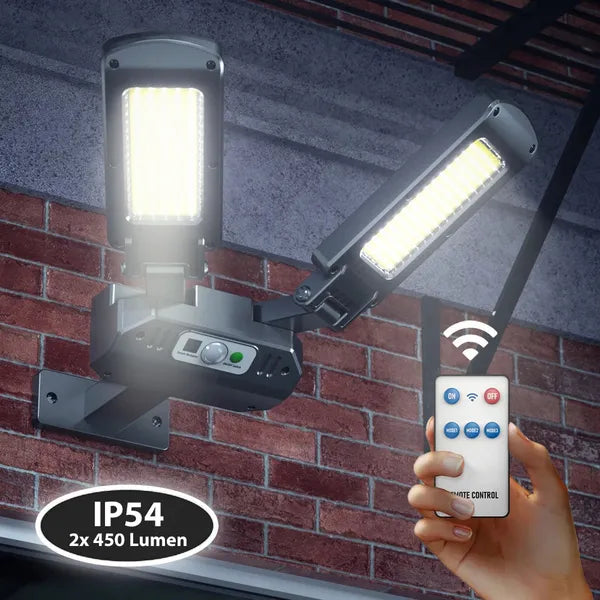 Napelemes LED utcai lámpa mozgásérzékelővel, távirányítóval, 5W, 2x450lm, 6500K